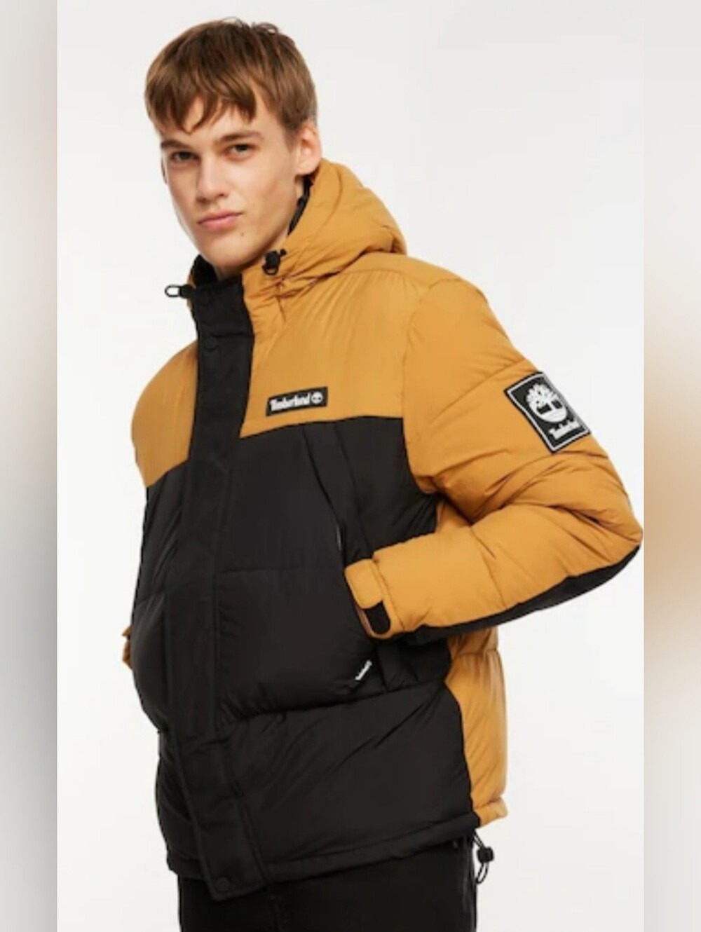 Timberland Mustard and Black Hooded Colorblock Puffer Jacket